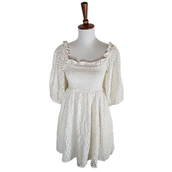 Cleobella Ivory Eyelet Puff Sleeve Cotton Mini Dress Small Cottagecore Preowned - Picture 2 of 8